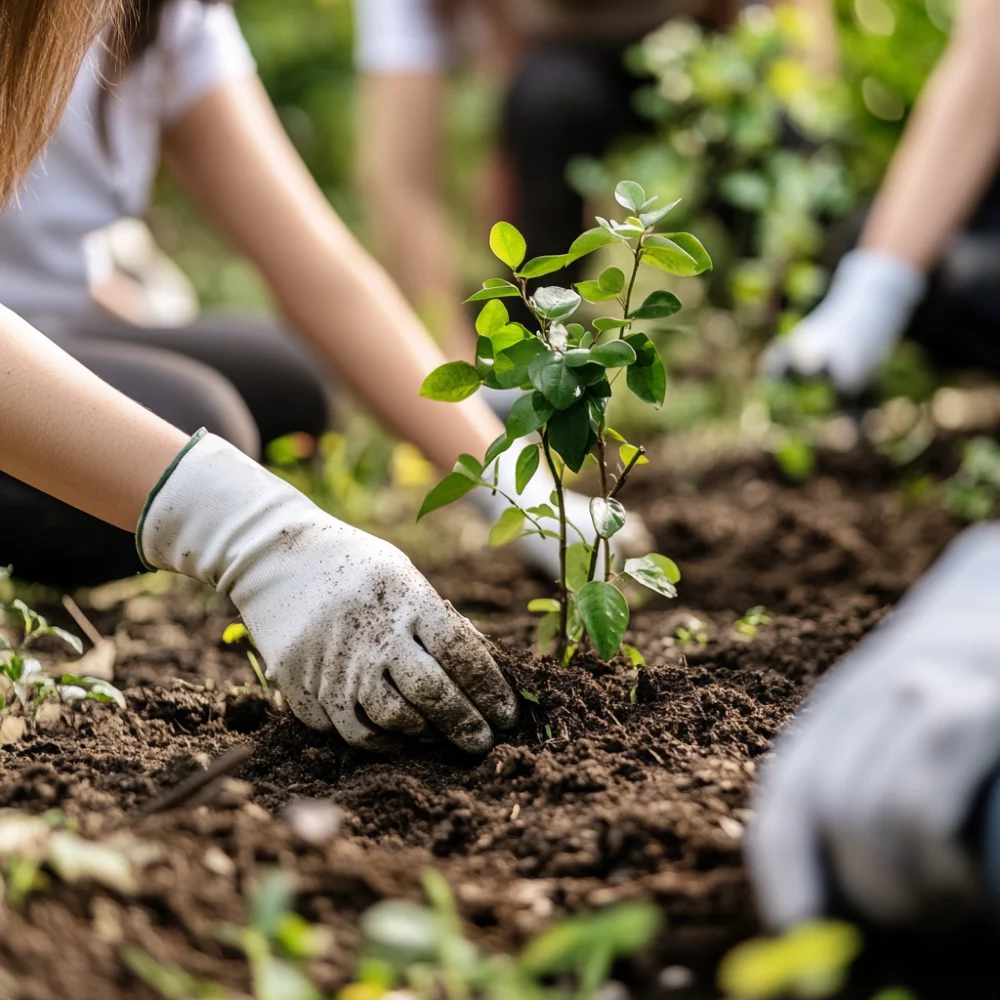 Gloved hands planting a young tree seedling in dark soil